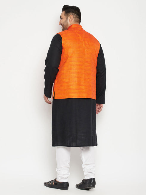 Vastramay PLUS Men's Black And White Pyjama Set With Orange Nehru Jacket Set